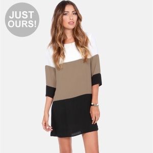 Black/tan/white color block shift dress