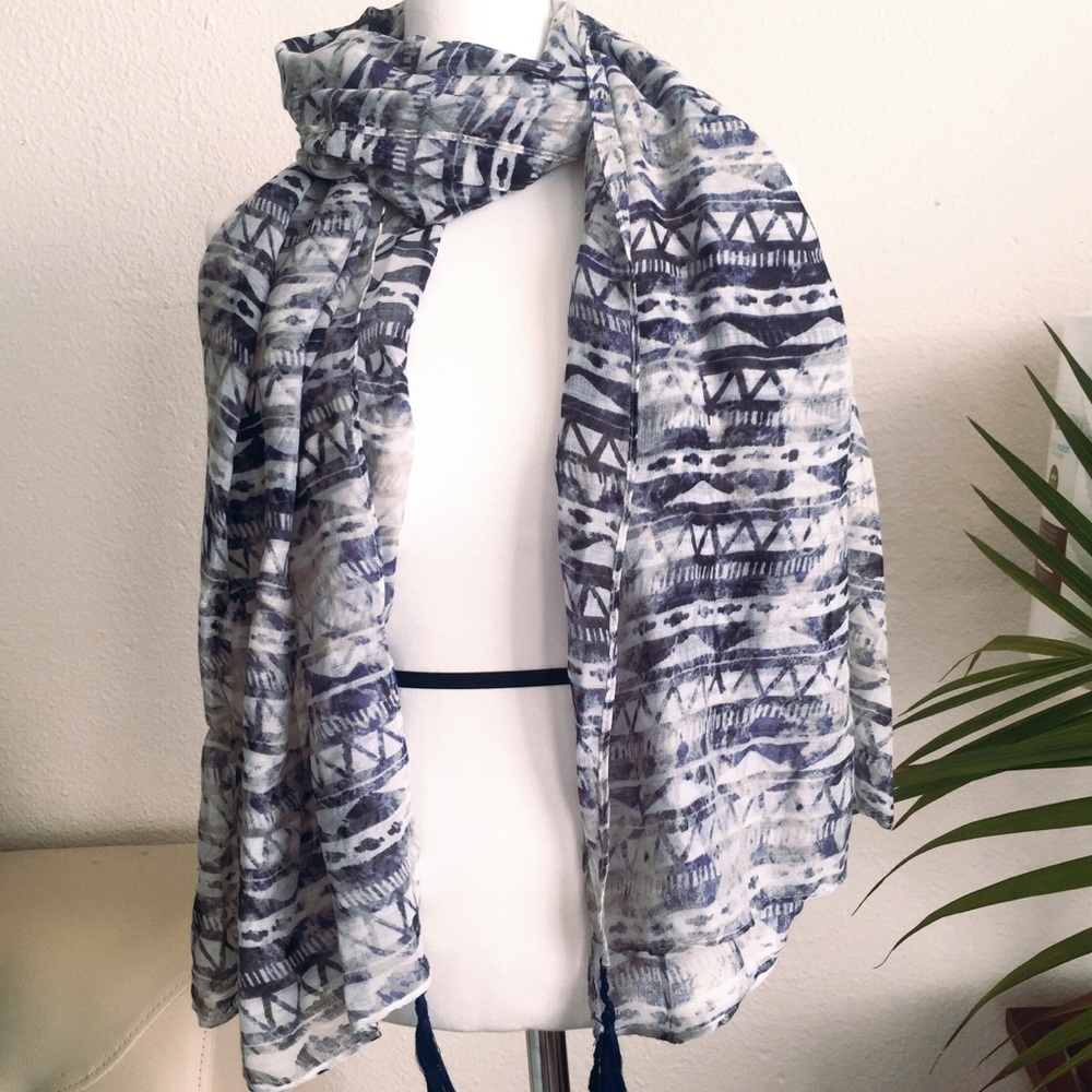 Blue Pattern Scarf with Tassels