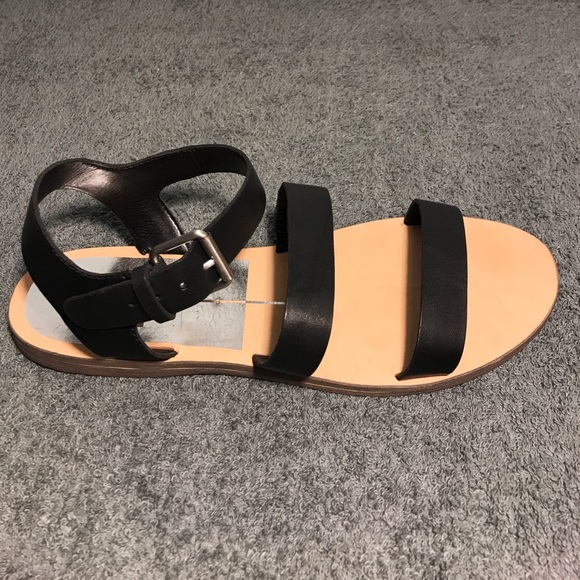 Dolce Vita Veya Black Leather 3 Strap Flat Sandals - Picture 2 of 6