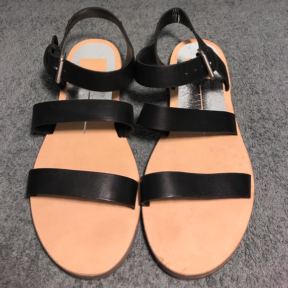 Dolce Vita Veya Black Leather 3 Strap Flat Sandals - Picture 4 of 6