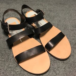 Dolce Vita Veya Black Leather 3 Strap Flat Sandals