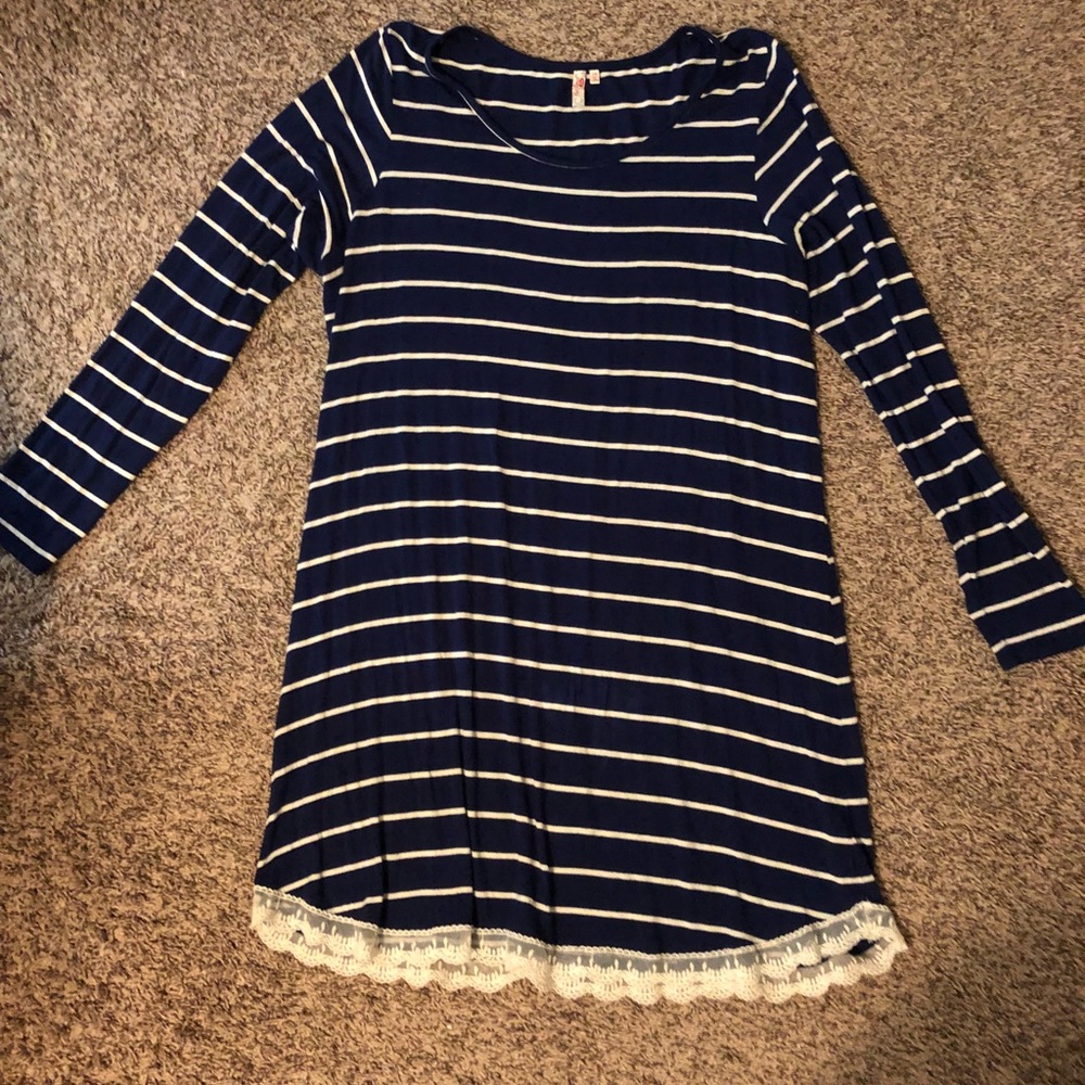 Red Camel Navy Stripe Lace Trim Dress