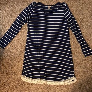 Red Camel Navy Stripe Lace Trim Dress
