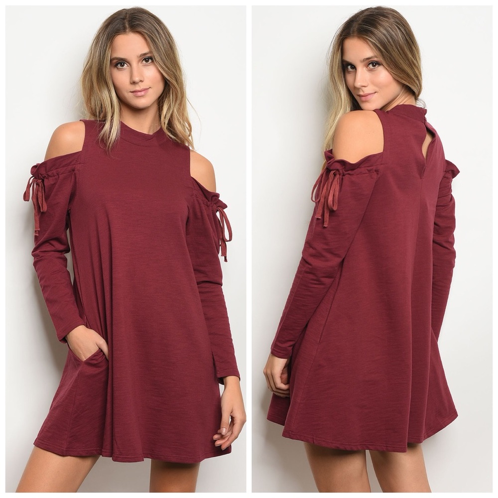 LAST 1! Burgundy Cold Shoulder Tie Shoulder Dress - Picture 2 of 2