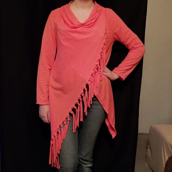 Coral Wrap Sweater with Fringe - Picture 1 of 4