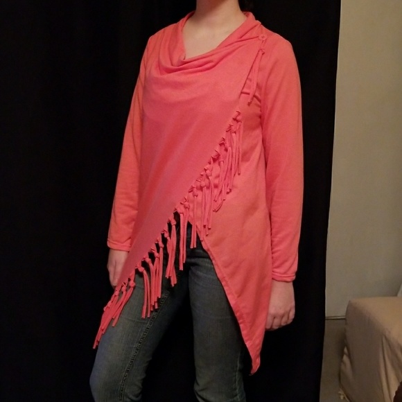 Coral Wrap Sweater with Fringe - Picture 2 of 4