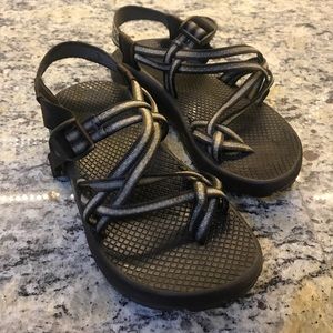CHACOS Brown and Gray 3 strap sandals, size 6