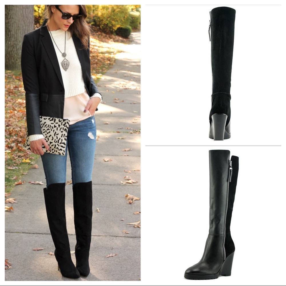 MICHAEL KORS CLARA KNEE HIGH WEDGE LEATHER BOOTS - Picture 1 of 5