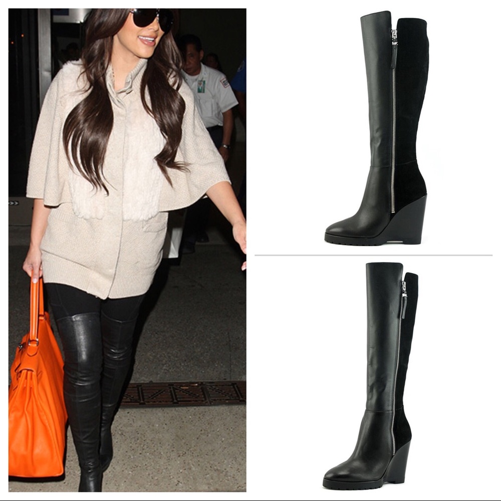 MICHAEL KORS CLARA KNEE HIGH WEDGE LEATHER BOOTS - Picture 2 of 5