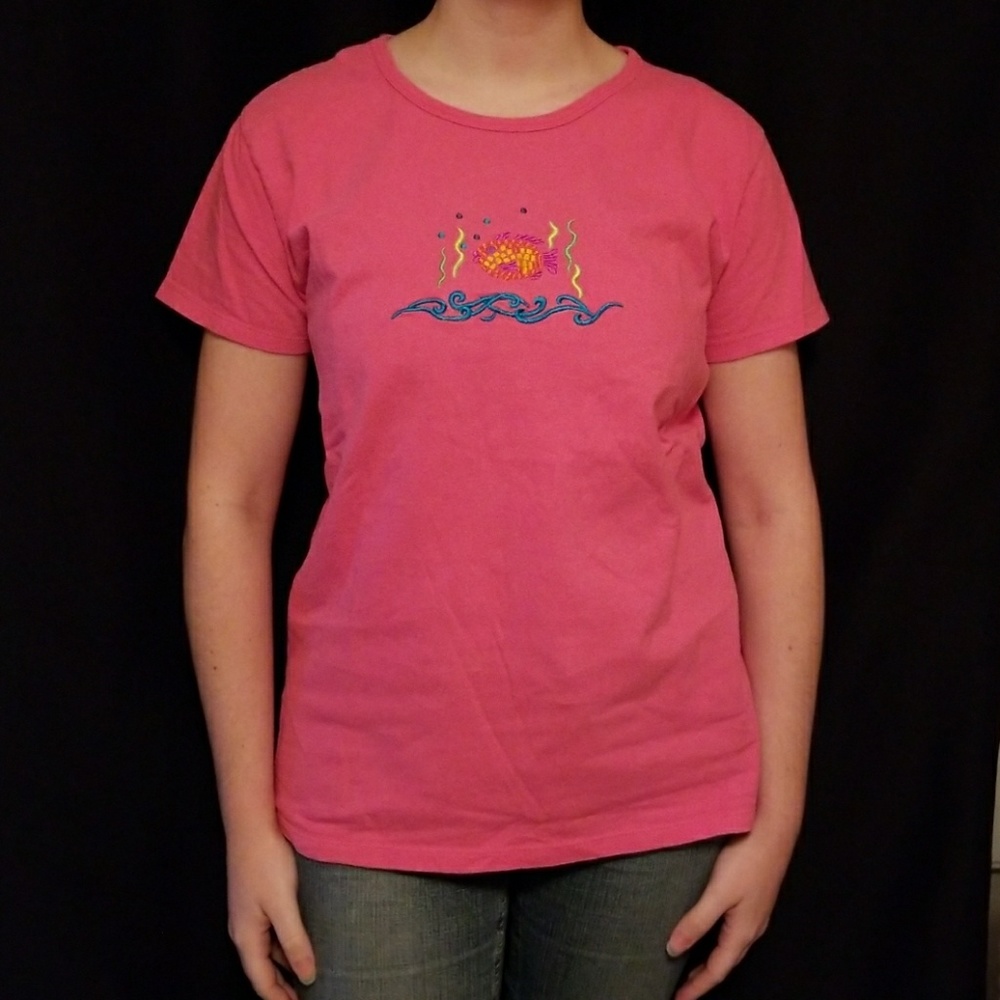 Pink Tee Shirt with Embroidered Fish - Picture 2 of 3