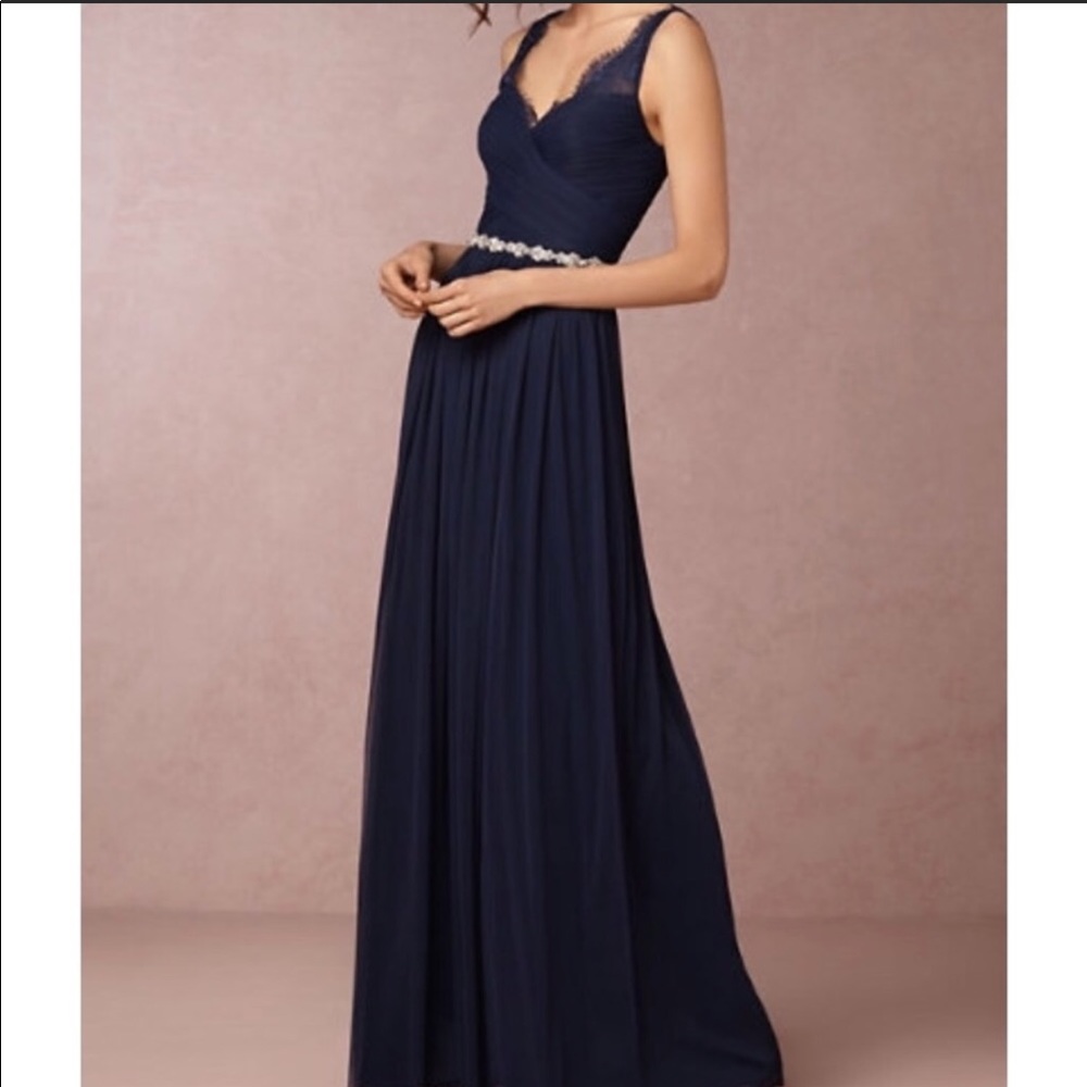 BHLDN Navy fleur gown and crystal belt