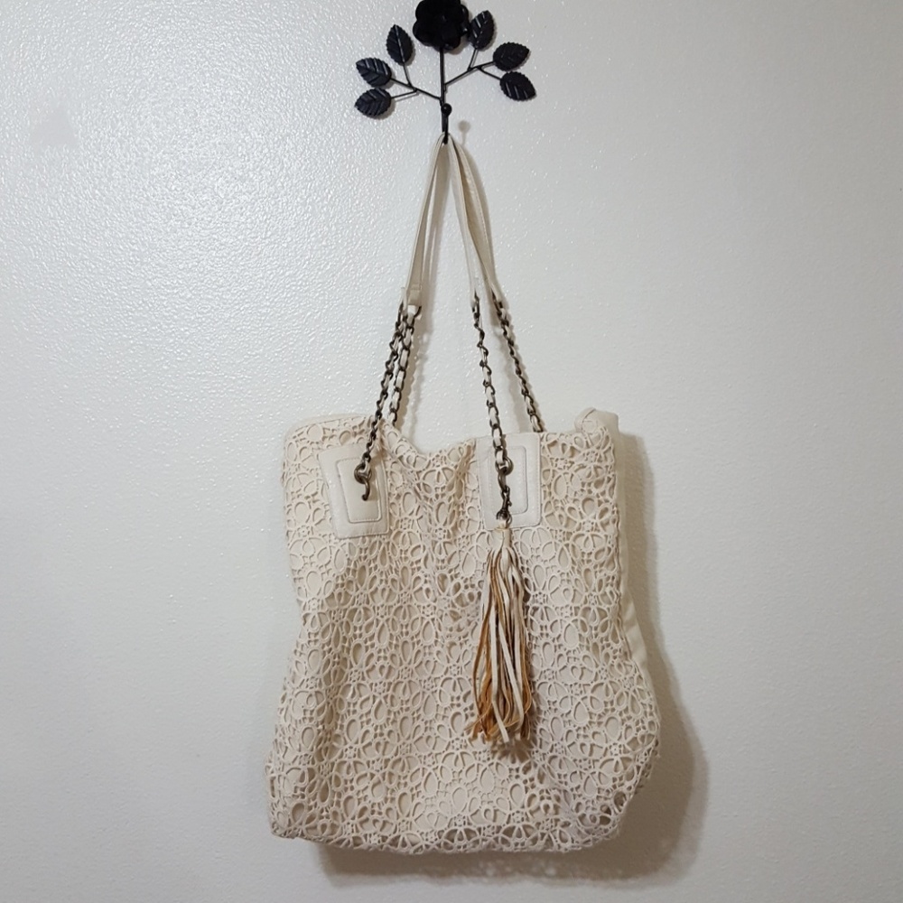 Large ivory  tote with tassel