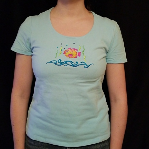 Light Blue Tee Shirt with Embroidered Fish - Picture 2 of 3