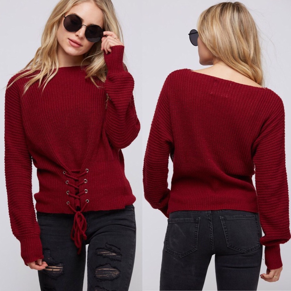 Knit Burgundy Lace Up Sweater