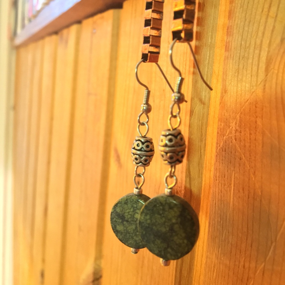 Handmade Carved Silver & Yellow Turquoise Earrings