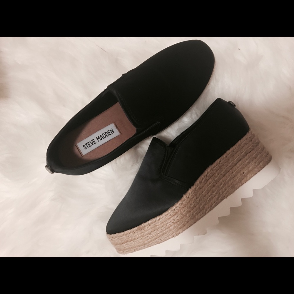 Black satin espadrilles slip on sneakers.