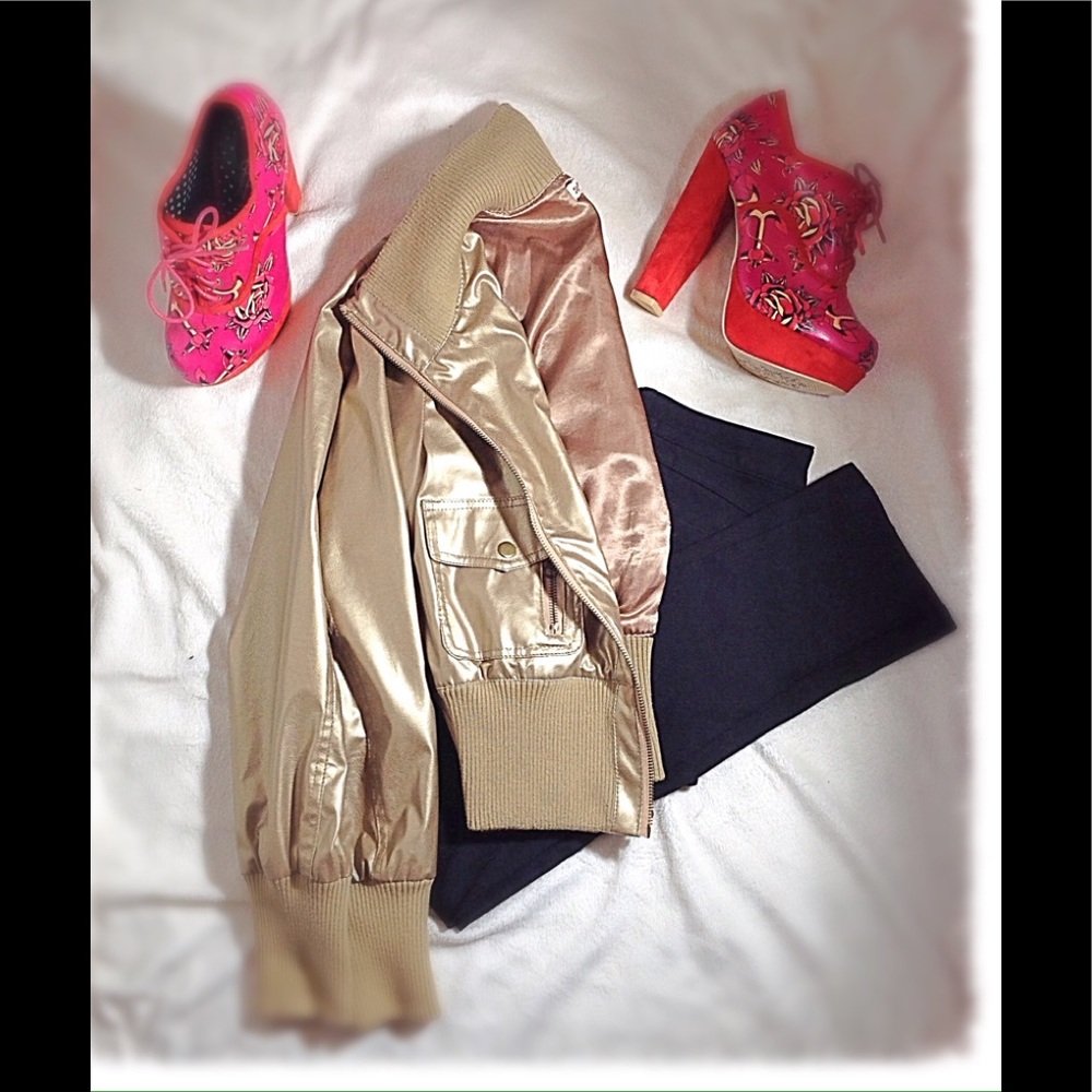 Faux Leather Metallic Gold Bomber Jacket