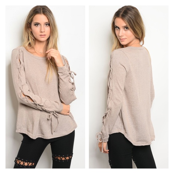 Very J Sweaters - Taupe lace up sleeve sweater