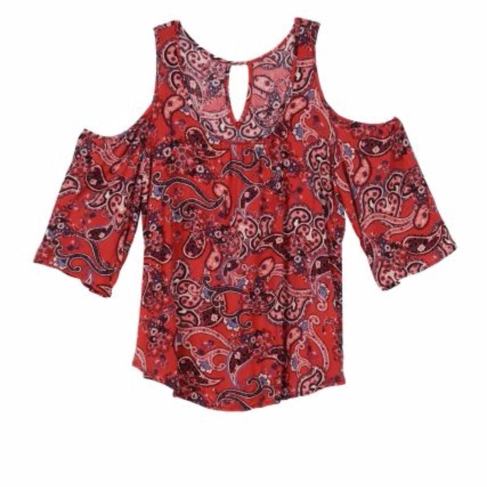 red patterned summer shirt with shoulder cutouts
