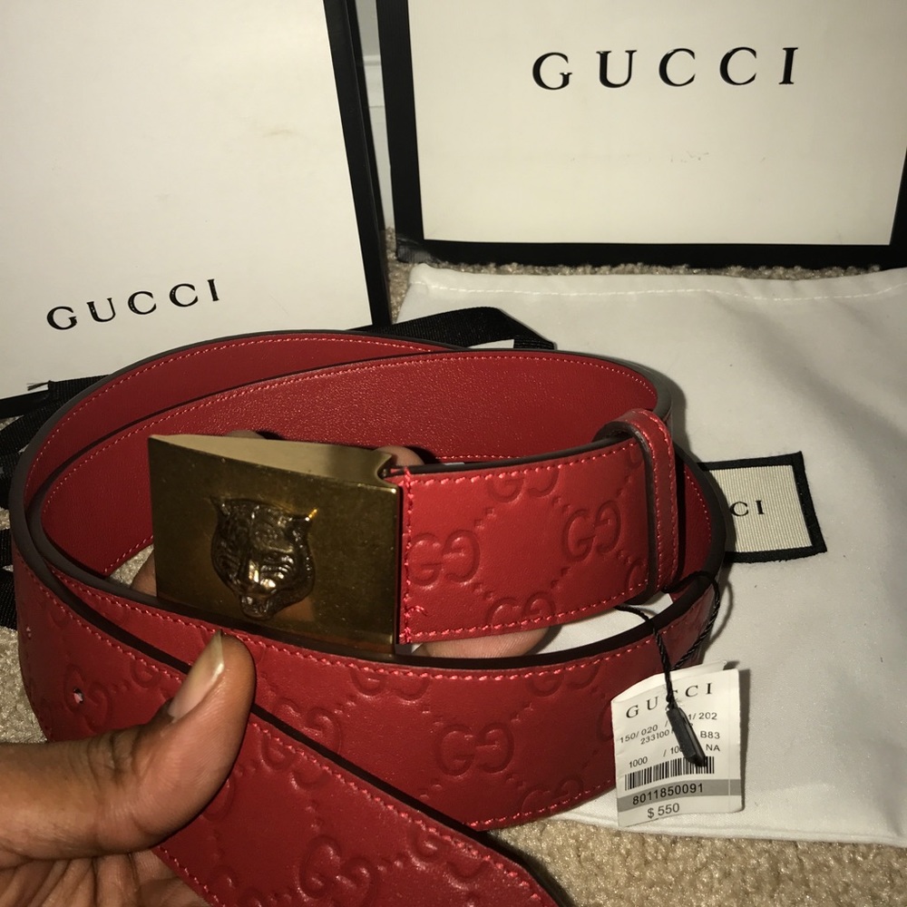 Gold Buckle Tiger Face Red Gucci Belt
