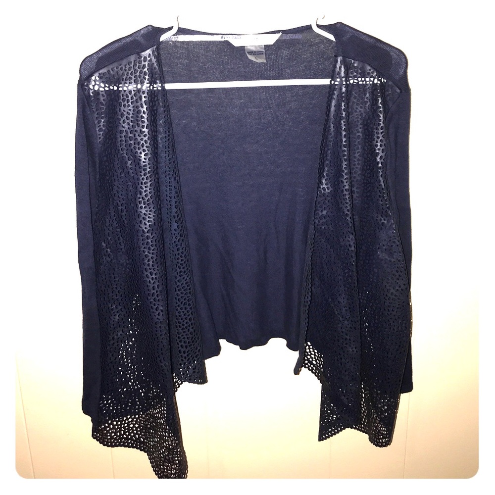 Peter Nygard Petite faux leather navy cardigan