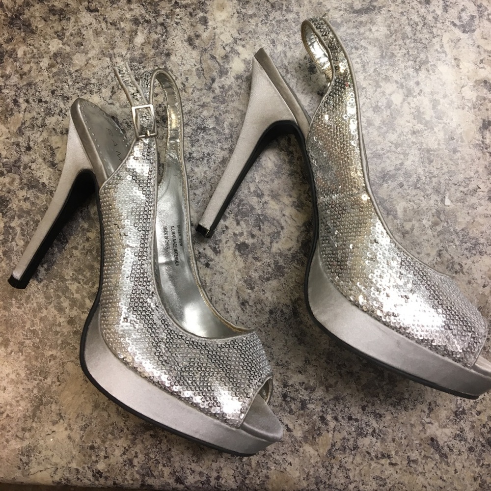 Silver Sequin Peep toe sling back heels