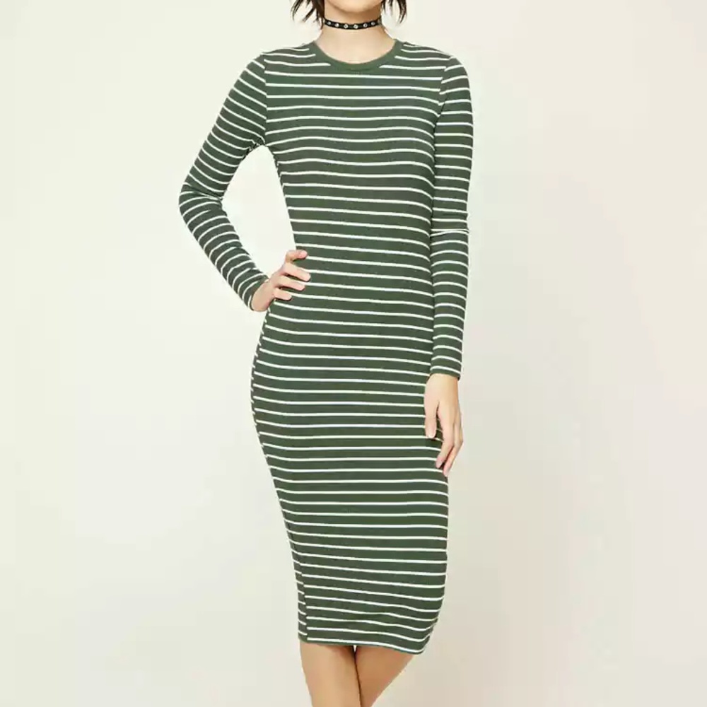 NWT Forever 21 - Ribbed Midi Dress, Sage & Cream