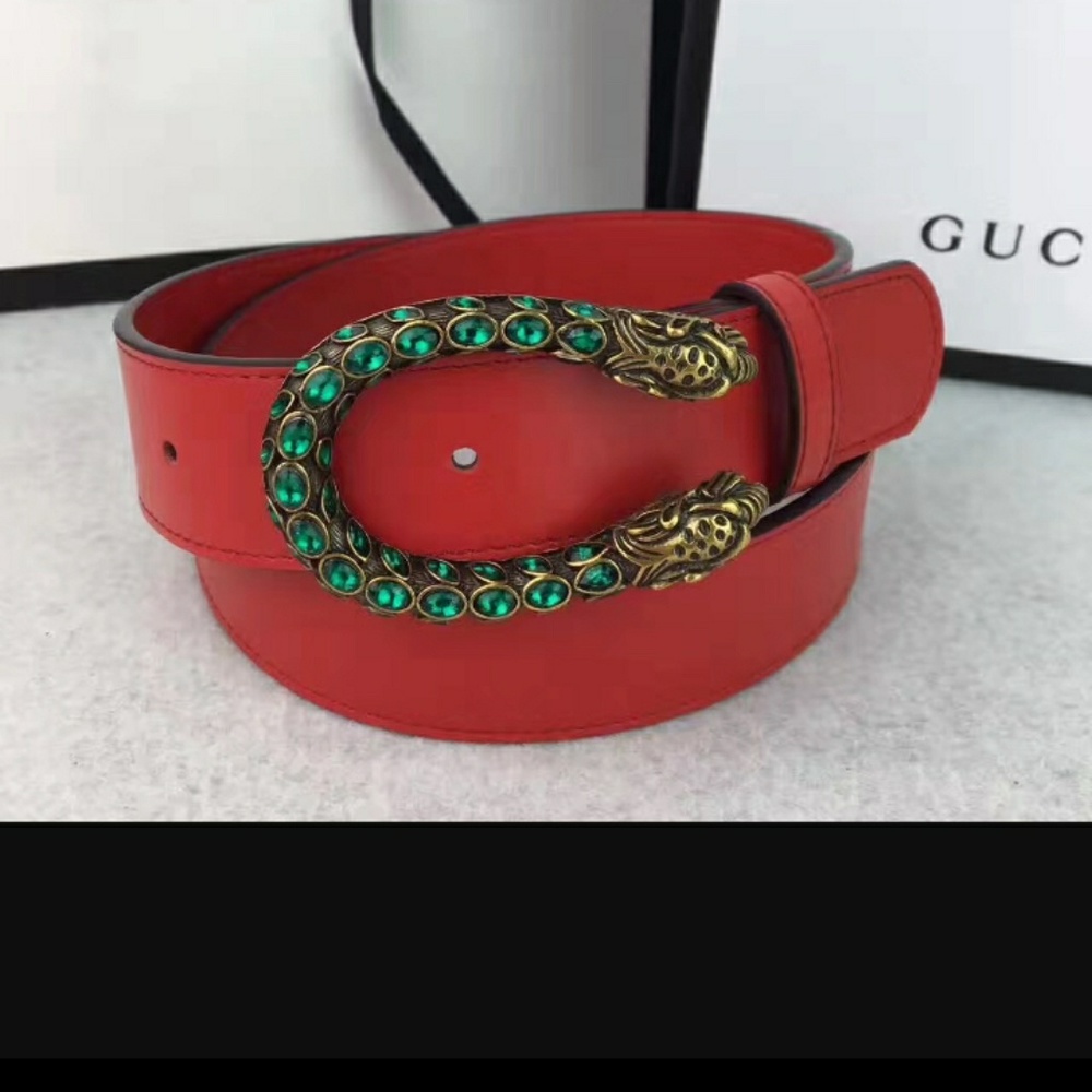Red gucci belt with green crystals