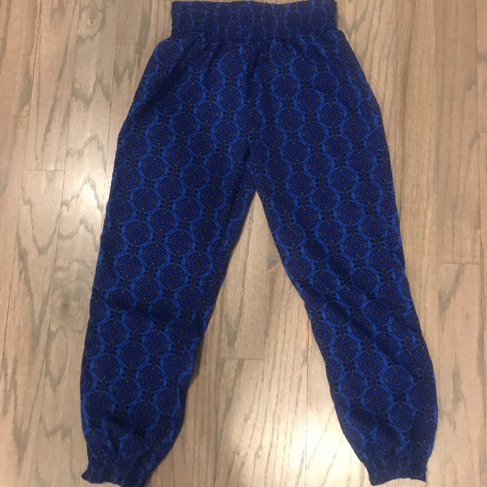 Dark blue pajama pants.