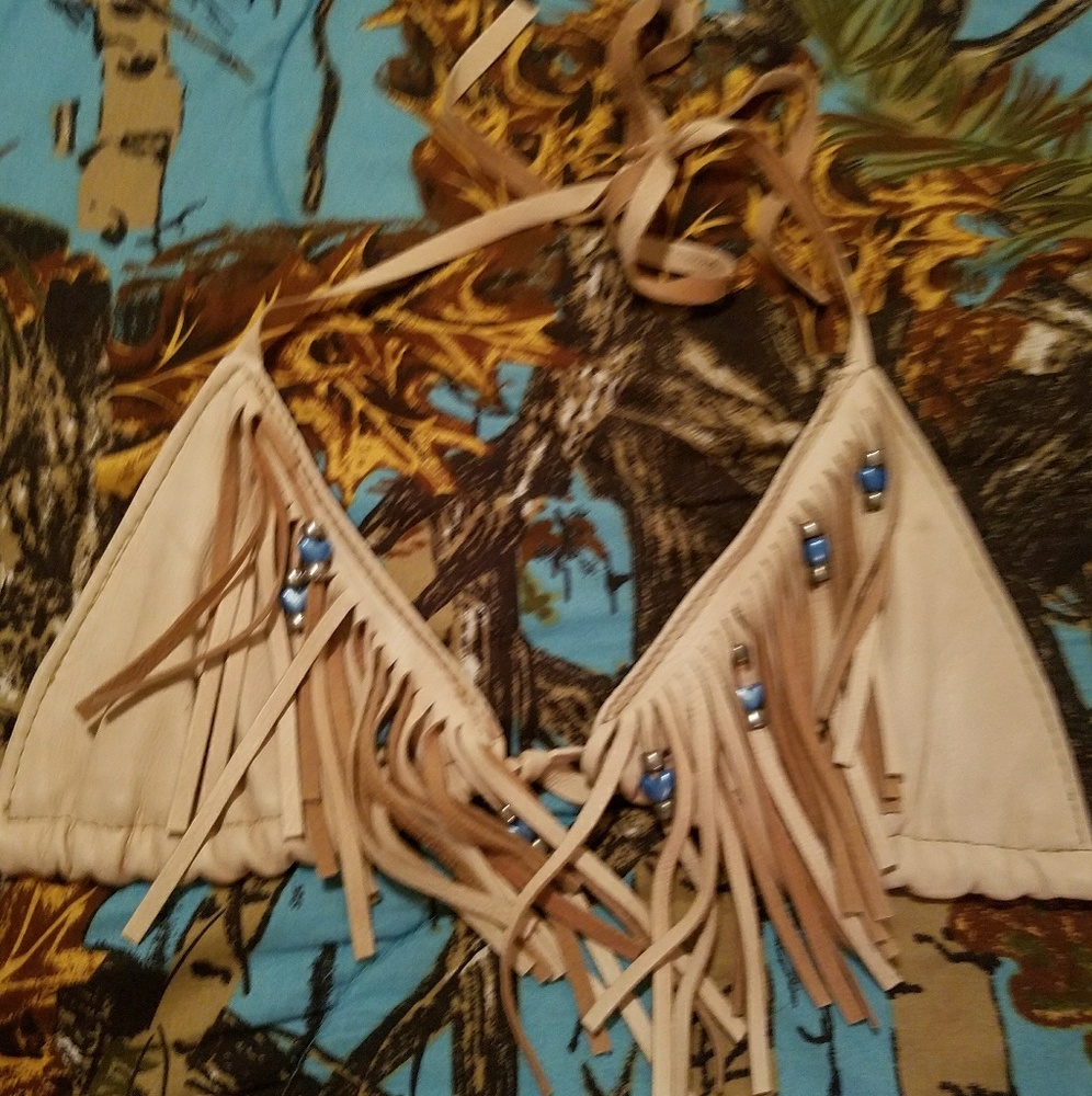 NWOT .Fringed, real leather, handmade beige top