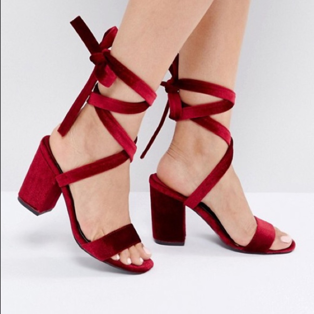👡 Ankle Tie Burgundy Velvet 4” Block Heel Sandals