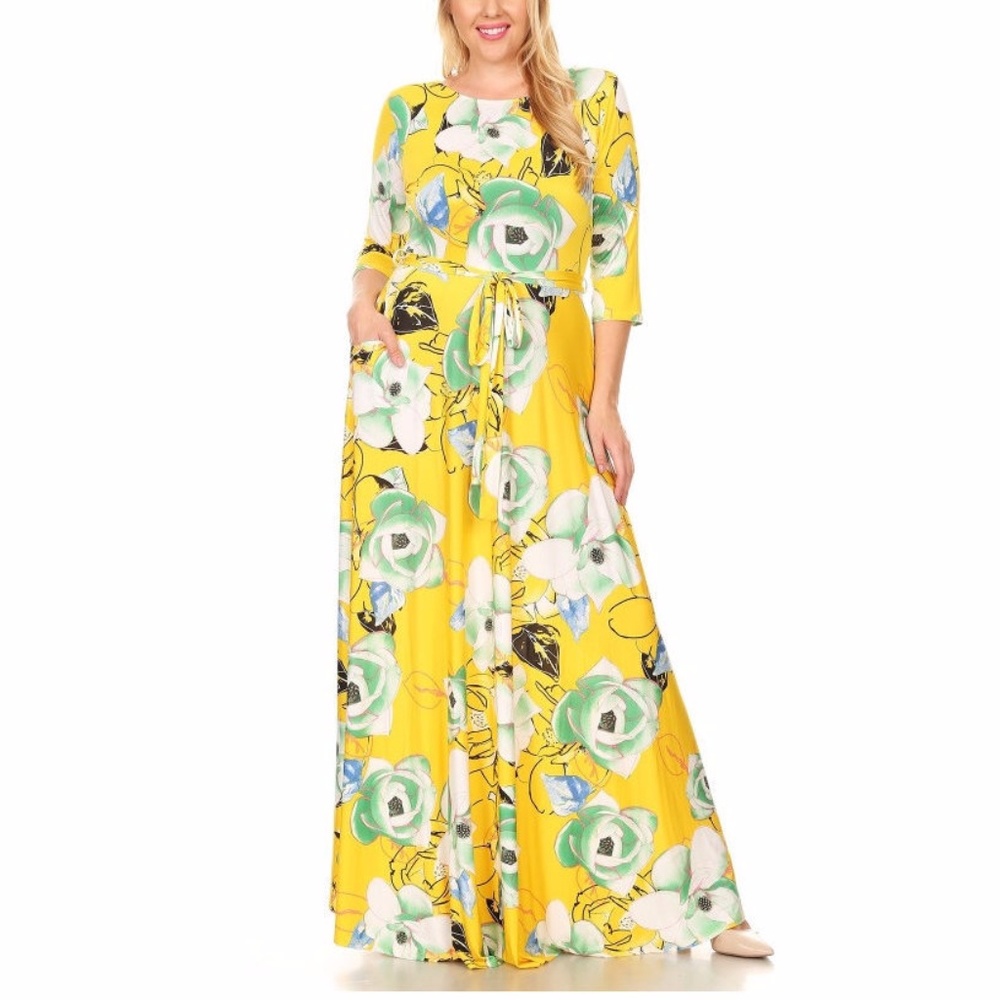 Plus Boho Yellow Floral Fit & Flare Maxi Dress - Picture 1 of 5