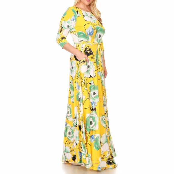 Plus Boho Yellow Floral Fit & Flare Maxi Dress - Picture 4 of 5