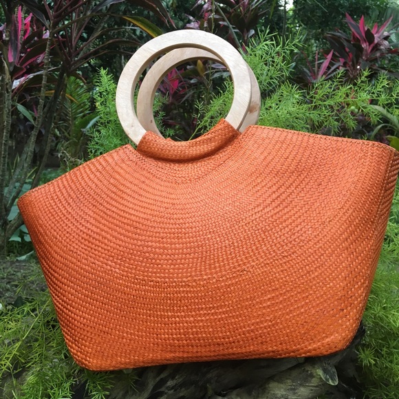 Orange Buntal Round Wooden Handle Tote Handbag - Picture 2 of 8
