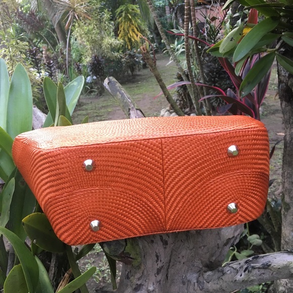 Orange Buntal Round Wooden Handle Tote Handbag - Picture 5 of 8