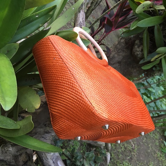 Orange Buntal Round Wooden Handle Tote Handbag - Picture 6 of 8