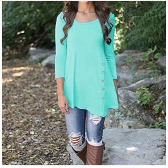 Long Sleeve Round Neck Top With Side Button Detail - Picture 4 of 5