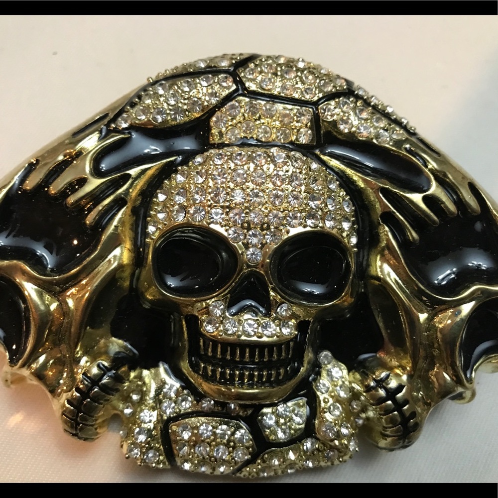 Unisex Black and Gold Rhinestone Skull Buckle
