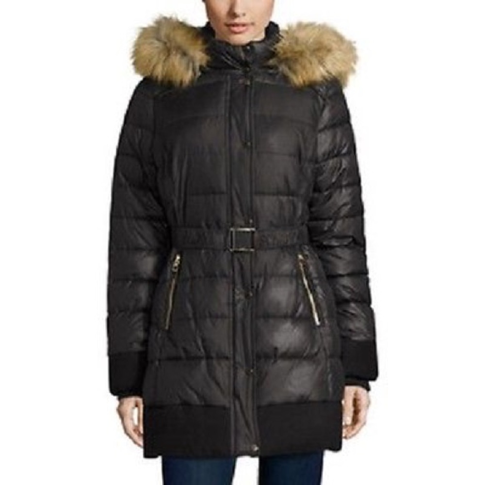 ANA Mixed Media Puffer Jacket Faux Fur Hood Black