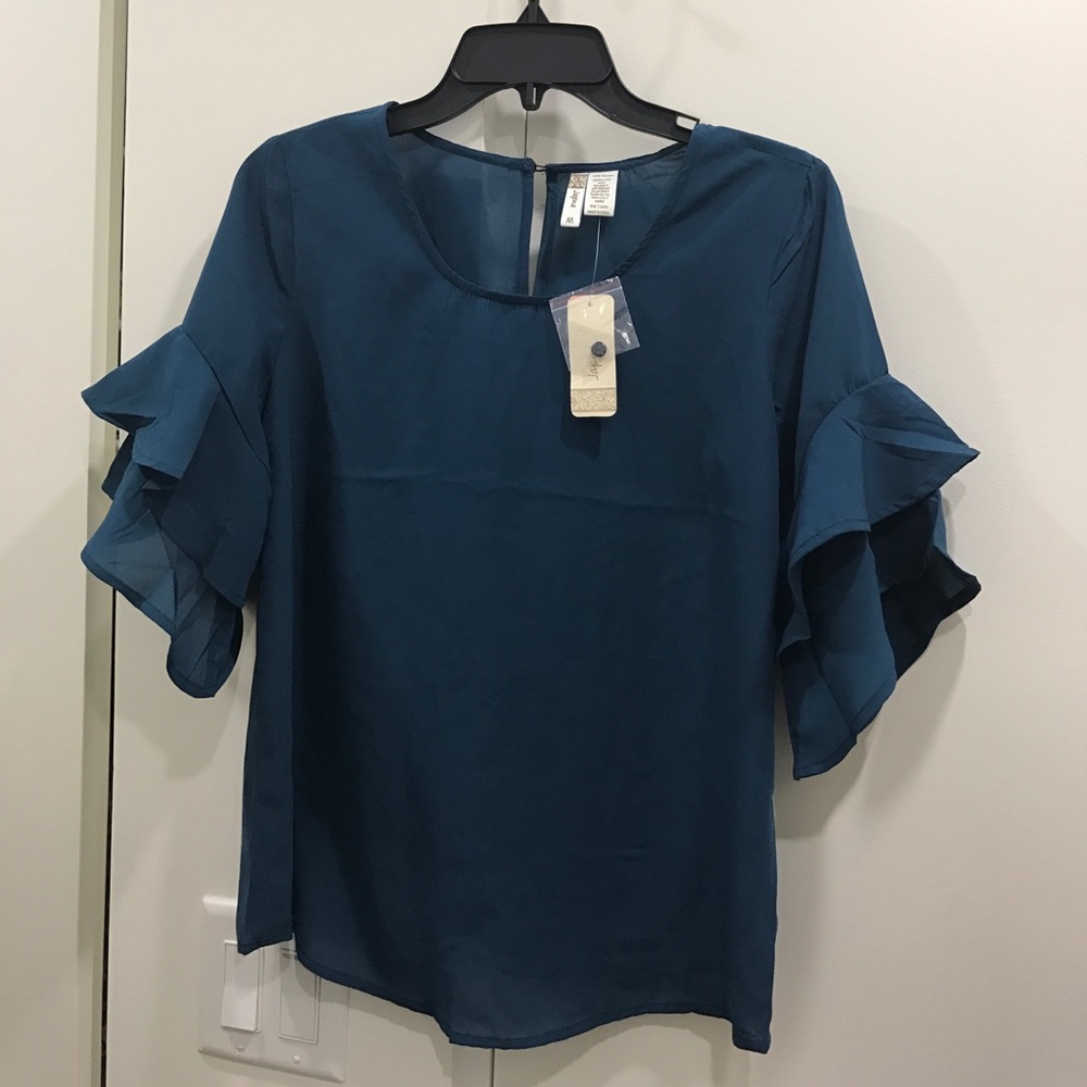 NWT Boutique Teal Ruffle Bell Sleeve Blouse Top