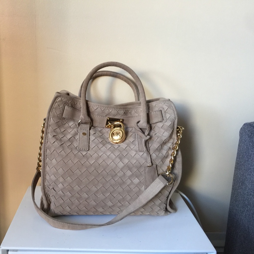 Michael Kors Hamilton Woven Suede Khaki Satchel