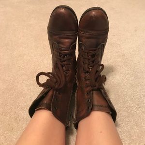 Brown leather combat boots