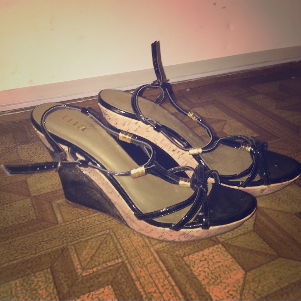 Black strappy Wedges with Gold Accents