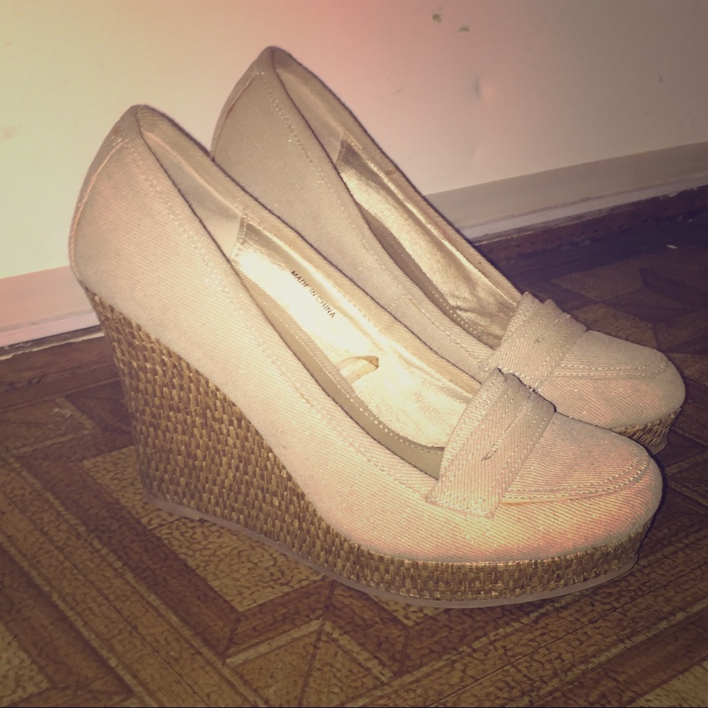 Express Cream Colored Penny Loafer Wedges