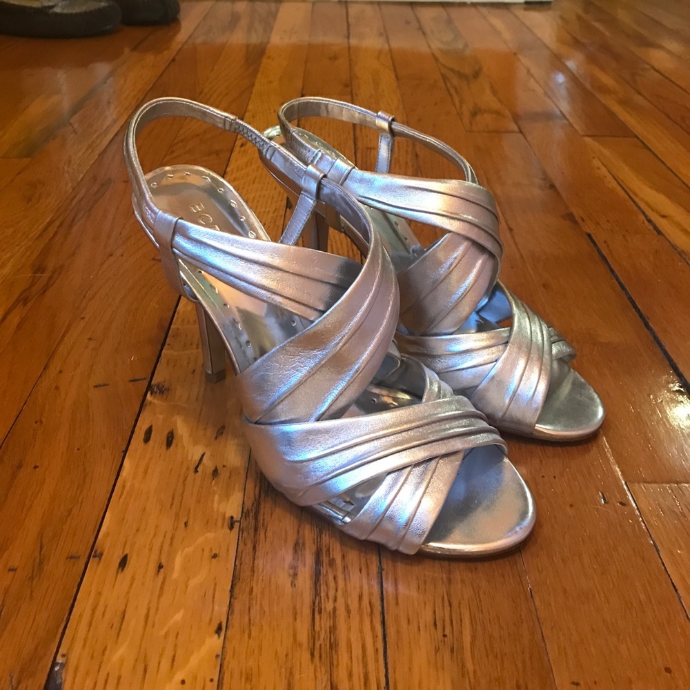 BCBGIRLS Silver Open Toe Pumps