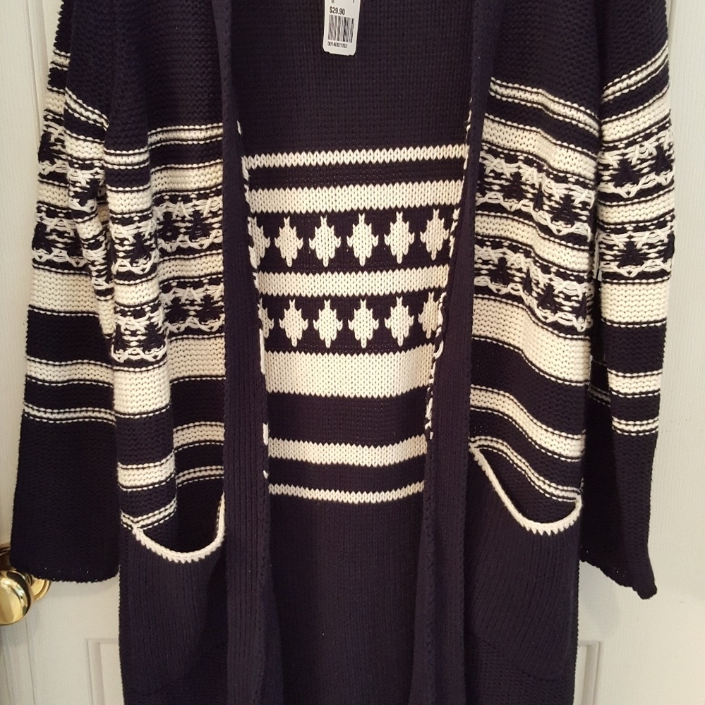 Long navy and white country style cardigan/sweater