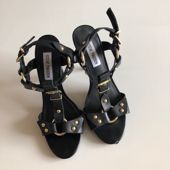 Steve Madden sexy black leather gold buckle heels - Picture 1 of 4