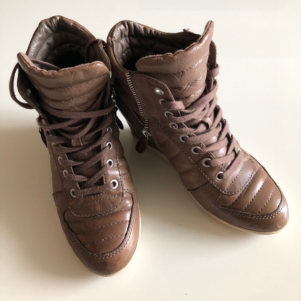 Ash taupe leather wedge athletic booties