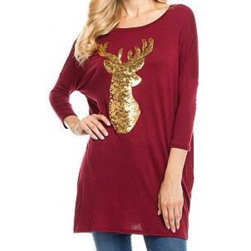 NEW-Gold Sequin Reindeer Tunic Top