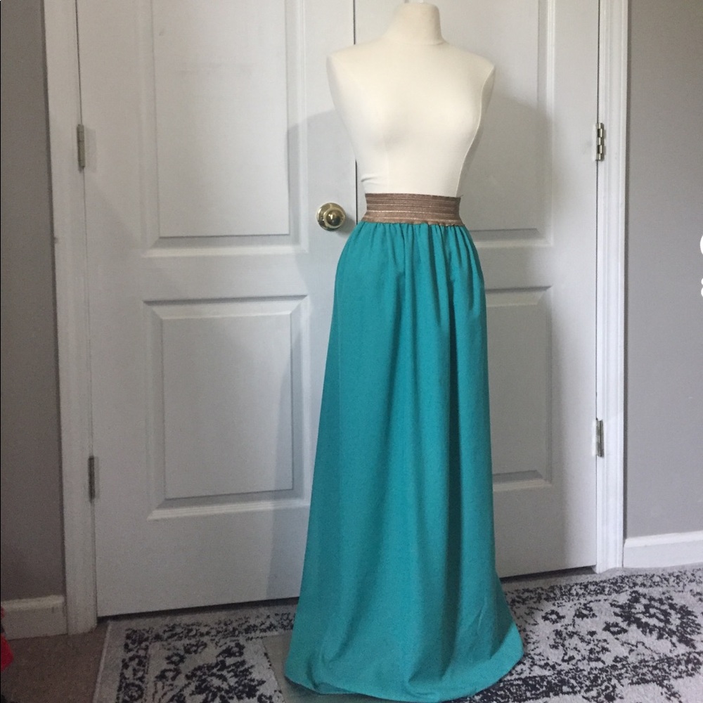 Teal maxi skirt with gold elastic high wasted